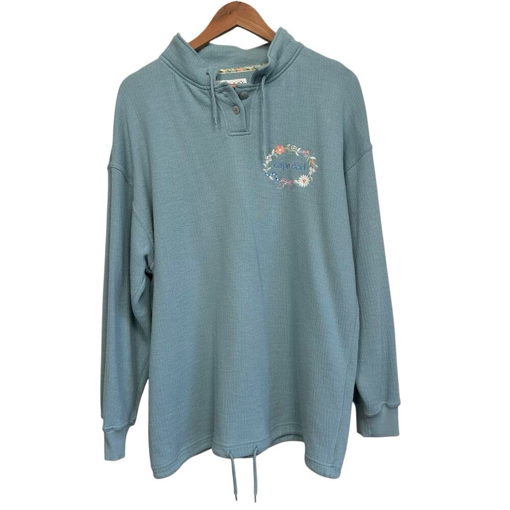 Vintage Cuffy's Cape Cod Blue Floral Embroidered Pullover Sweatshirt Size XL